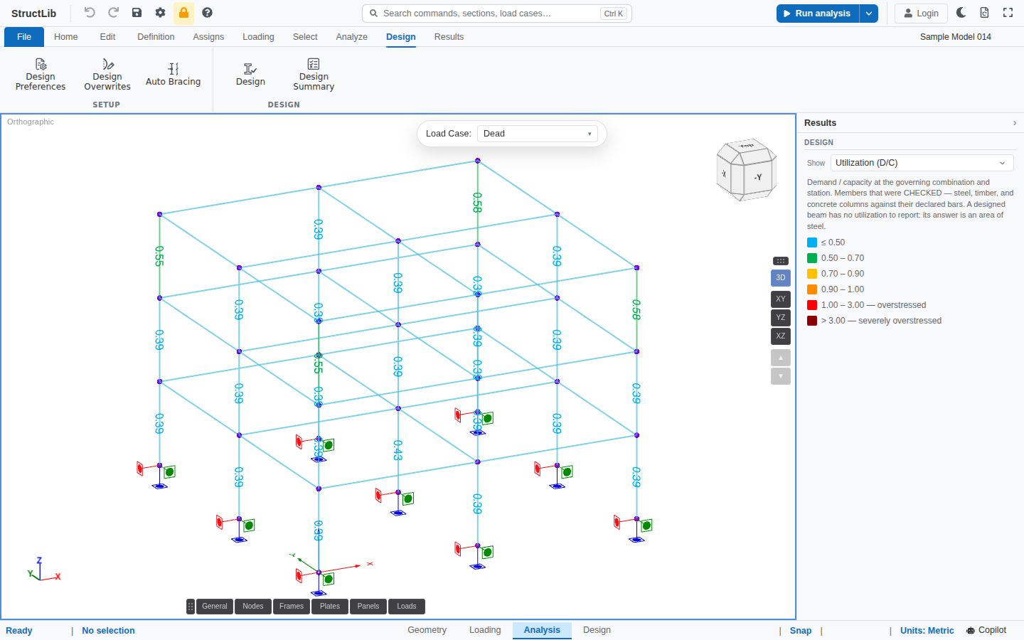 Design results for the Concrete Building sample: each column is coloured by its demand-to-capacity ratio and labelled with it — values from 0.39 to 0.58 — beside the colour legend.
