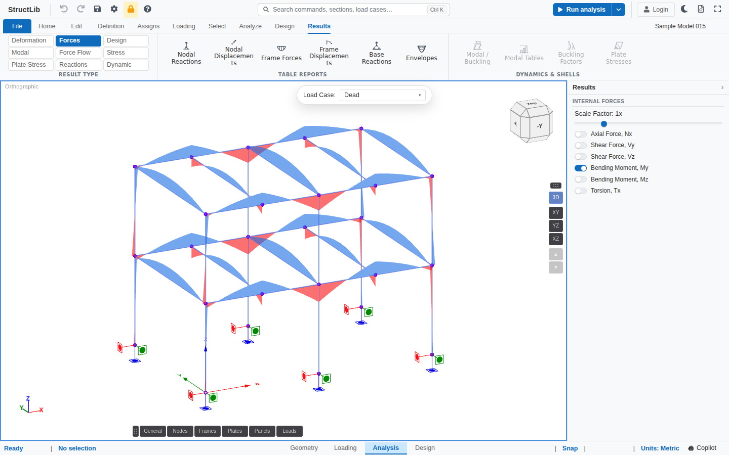 StructLib Structural in the browser, showing the bending-moment diagram drawn on every member of the Timber Building sample, a two-storey 3D timber frame, after an analysis run.